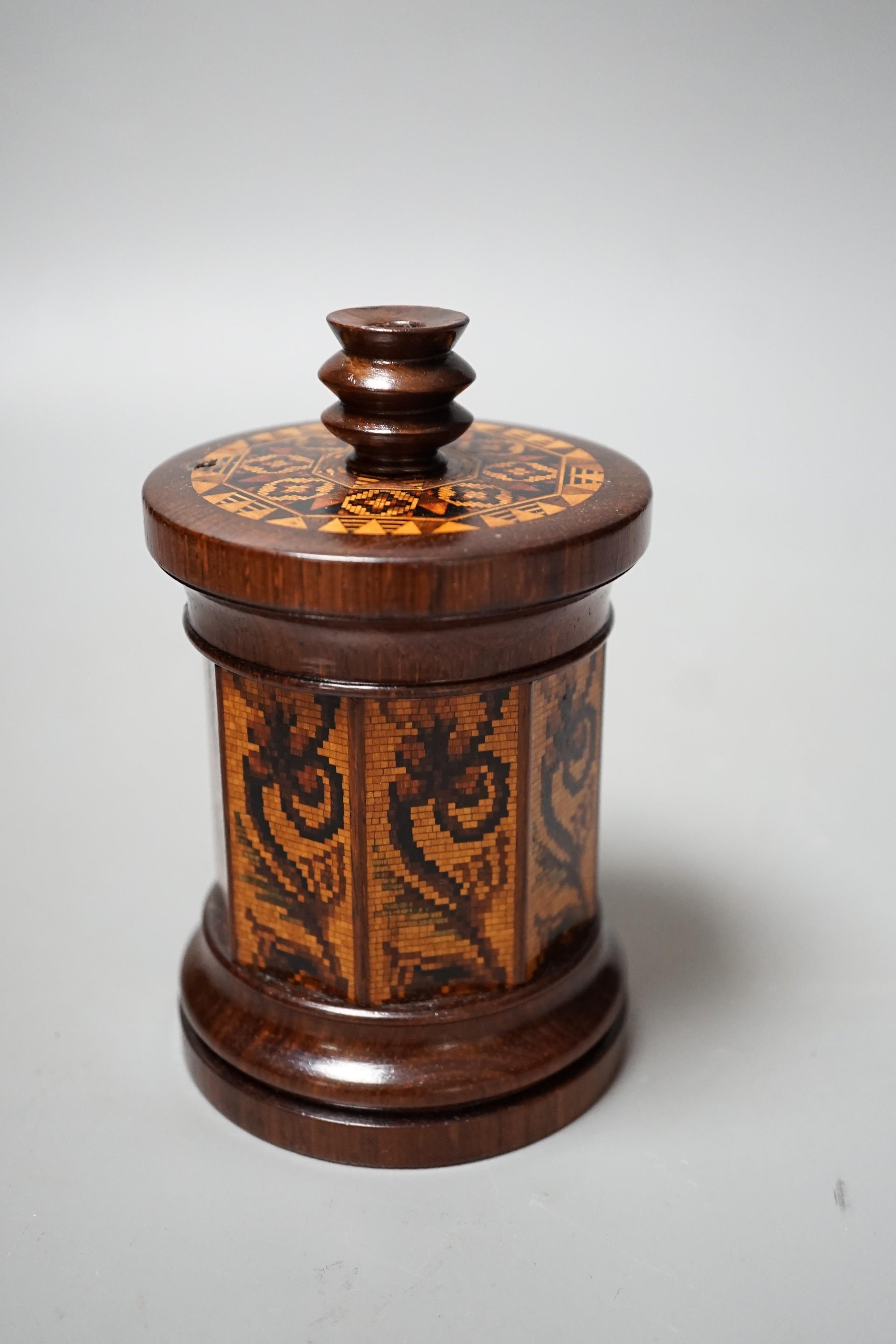 A Tunbridge ware rosewood tesserae mosaic sewing thread box with taperstick top, 13.5cm high